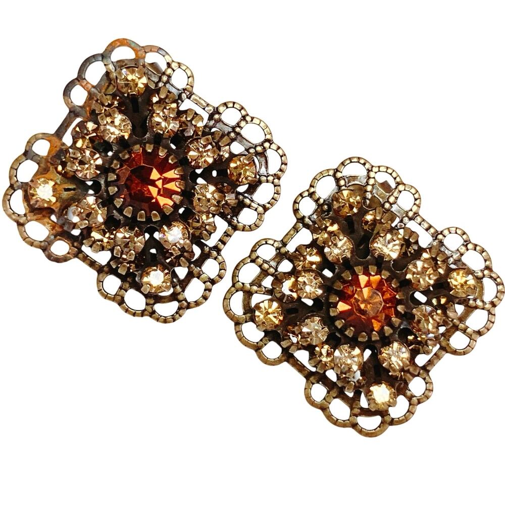 Vintage Signed Avon 1970s Square Gold Tone Filigree Amber Rhinestone Earrings